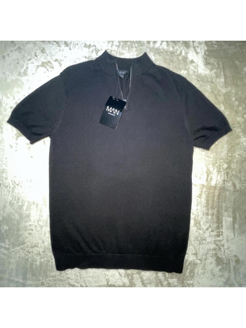 BoohooMAN Men’s Black Short Sleeve 1/4 Zip Ribbed Collarless Polo NWT
